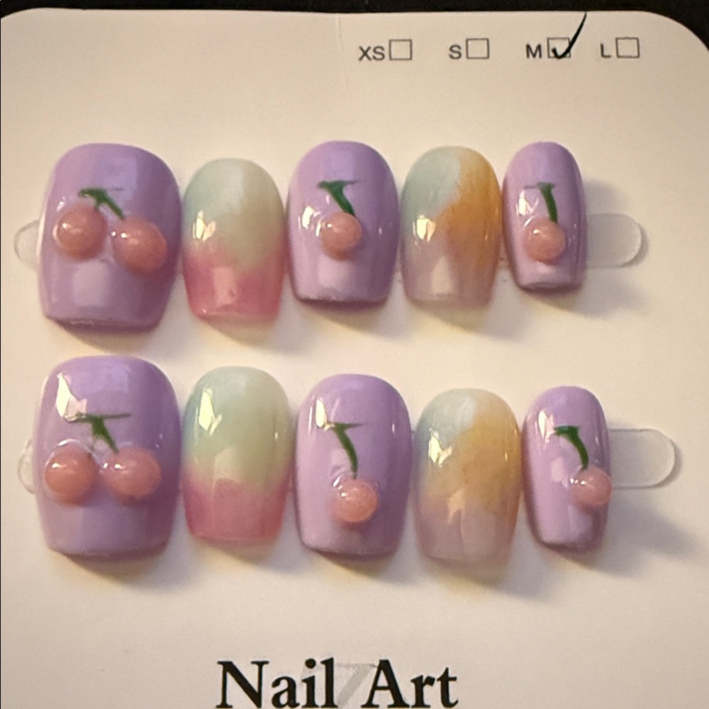 Purple and Pink Hand Painted Cherry Nail Art Set